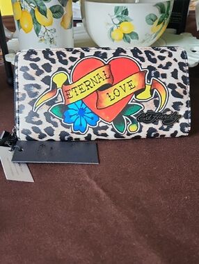 Ed Hardy Leopard Print "Eternal Love" Zip Wallet - Multicolor